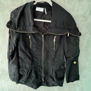 Venezia Milano Black Hooded Long Rain Jacket Gold Zippers Size XS No Belt Lined